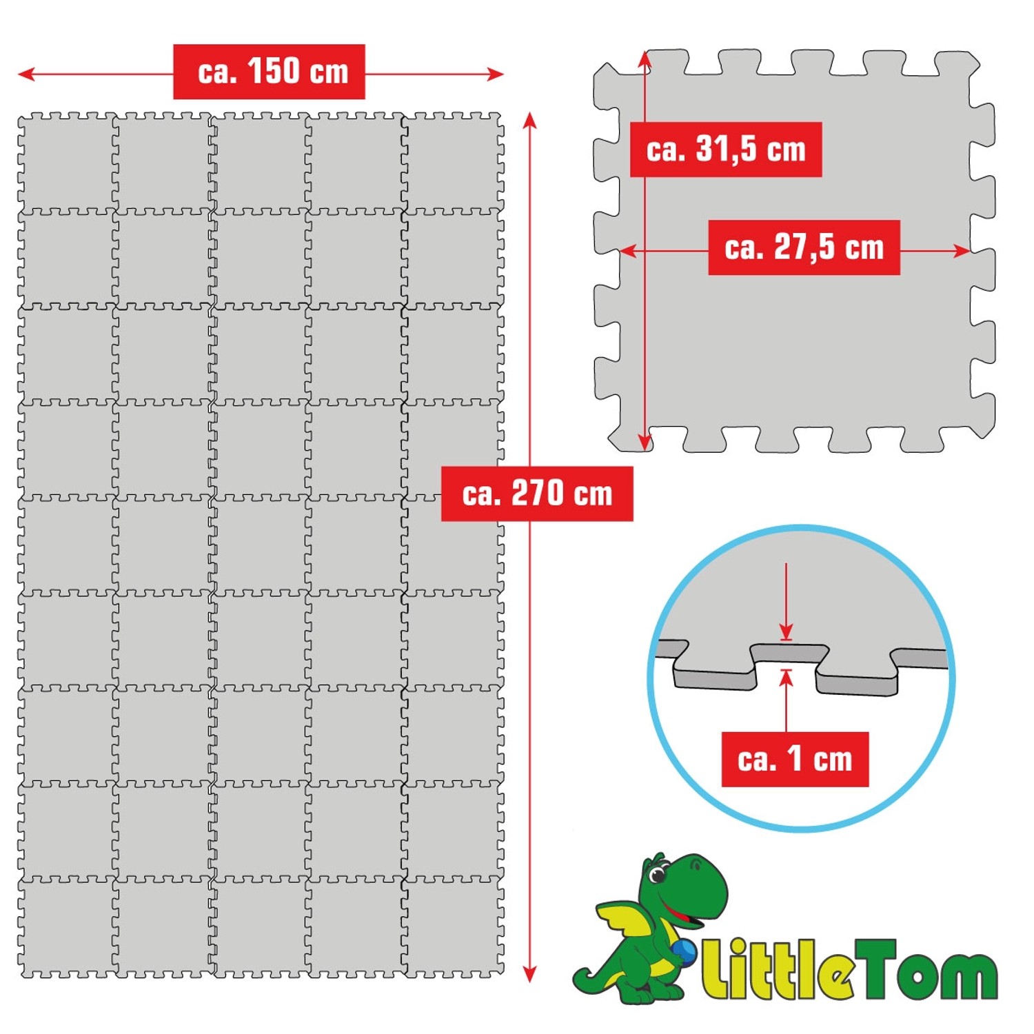 LittleTom Puzzlematte, 45-teiliges Set, grau, ca. 150x270cm. Ideal als Spielmatte für Babys und Kinder.