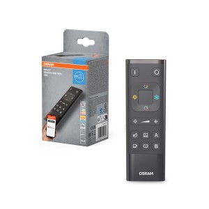 Osram Smart+ WiFi USB Fernbedienung neben Produktverpackung. Kompakte Steuerung für smarte Beleuchtung.