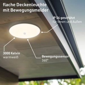 Weiße, flache Oktaplex Orta Deckenleuchte mit 360° Bewegungsmelder, 3000K warmweißem Licht, IP54 für Innen & Außen.