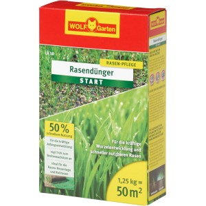 Wolf-Garten Rasendünger Start LH 50, 1,25 kg Packung für kräftigen Rasenwuchs.