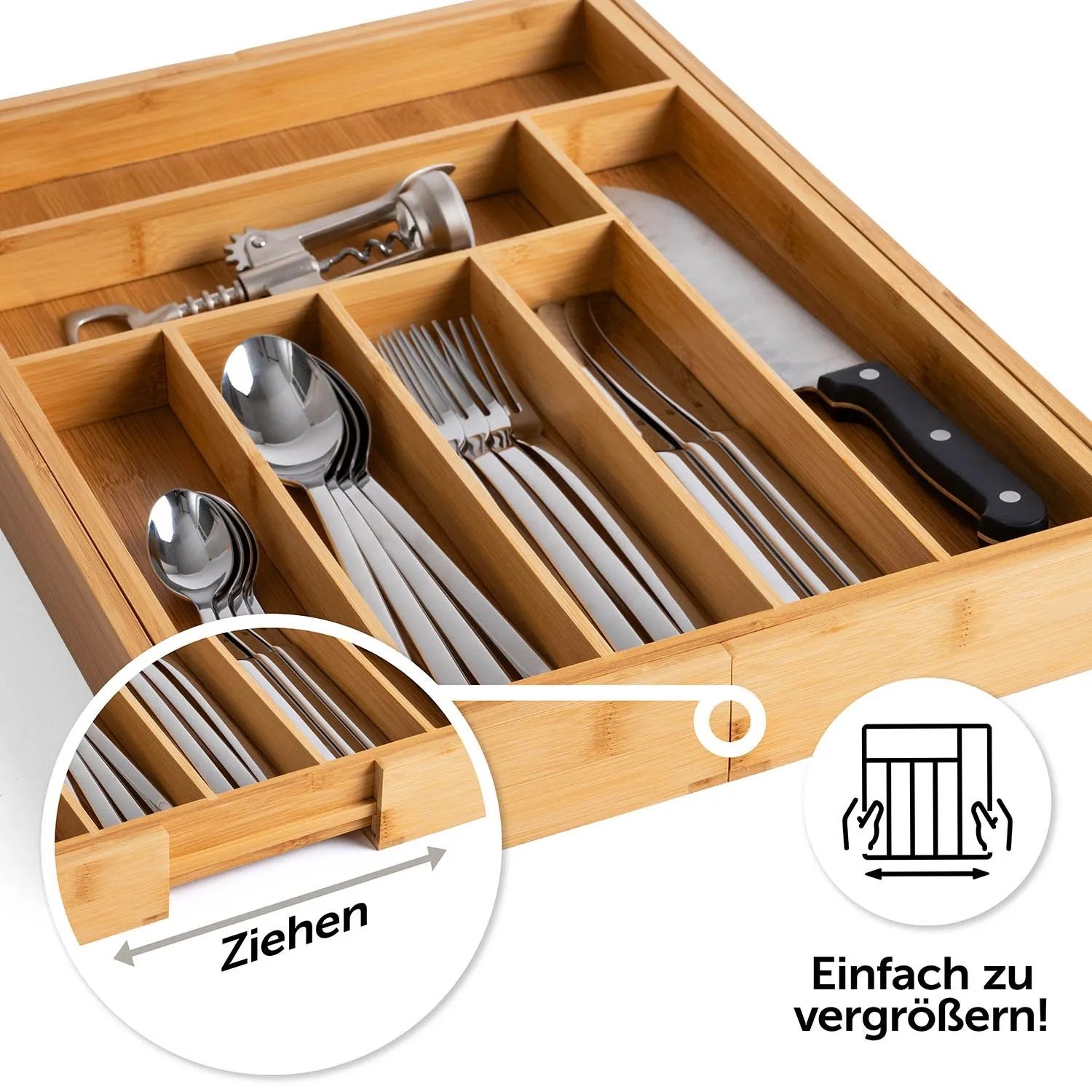 Ausziehbarer Besteckkasten aus hellem Bambus mit Besteck. Zeigt 5-7 Fächer und die Erweiterungsfunktion für Küchenschubladen.