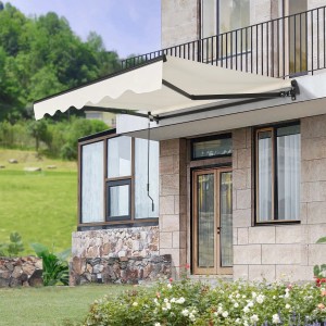 Beige Juskys Gelenkarmmarkise 400x300 cm am Haus montiert, mit Handkurbel ausfahrbar.