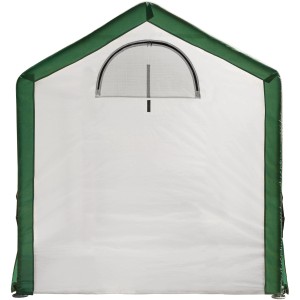 Shelter Logic Gewächshaus, weiße Folie mit grünem Rahmen und Belüftungsfenster.