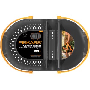Fiskars Erntekorb Plus, schwarz-orange, mit Fächern zum Sammeln, Waschen und Transportieren von Ernteprodukten.