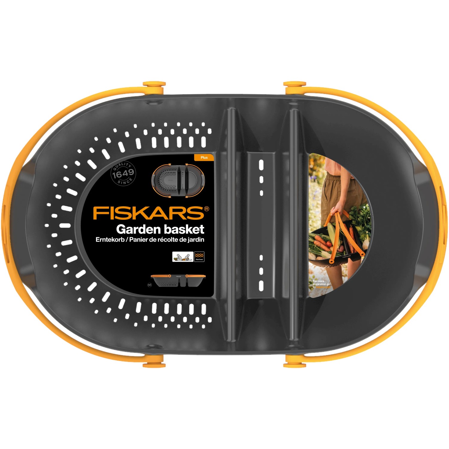 Fiskars Erntekorb Plus, schwarz-orange, mit Fächern zum Sammeln, Waschen und Transportieren von Ernteprodukten.