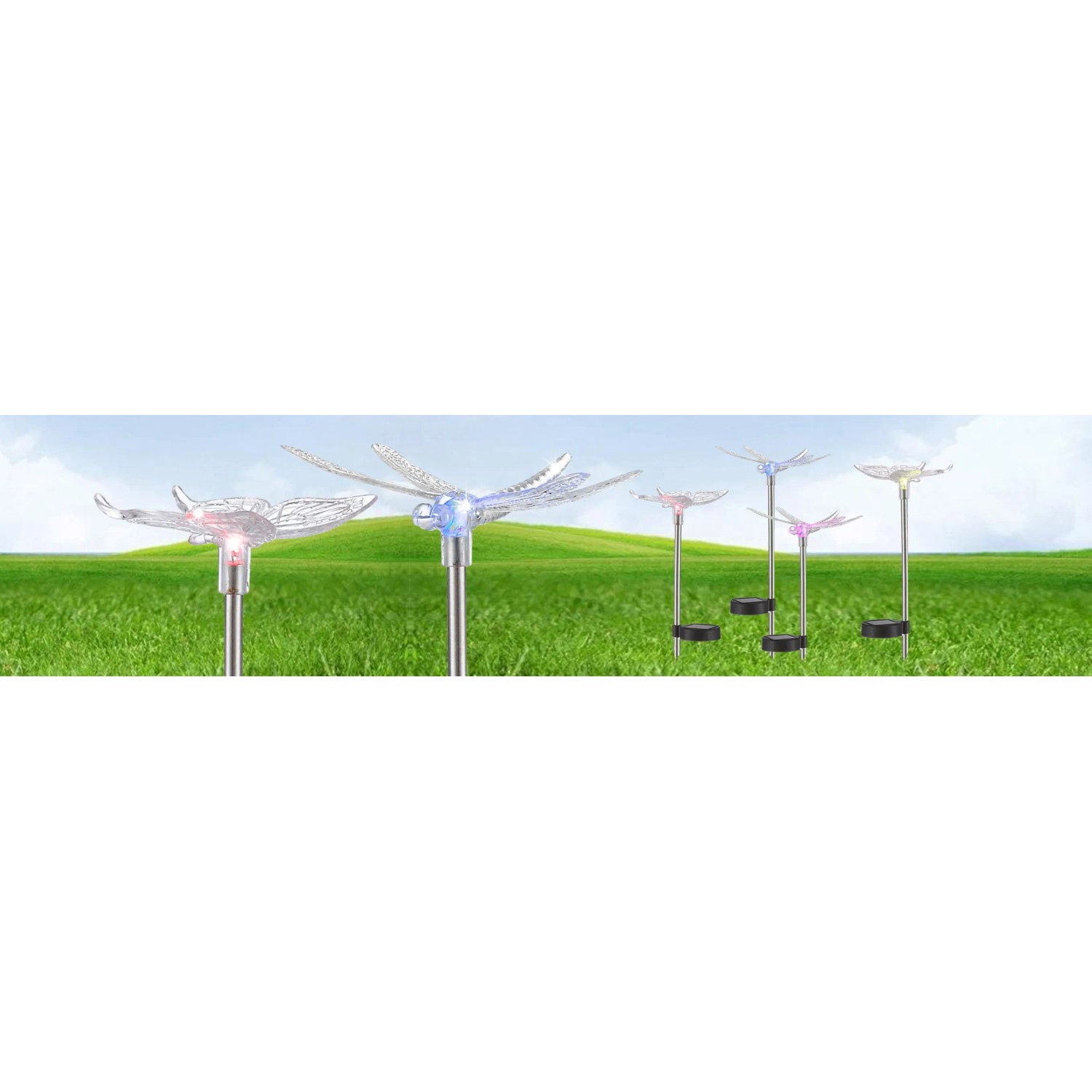 4er Set bunte LED Solar-Gartenstecker in Insektenform (Libelle, Schmetterling) für den Außenbereich.