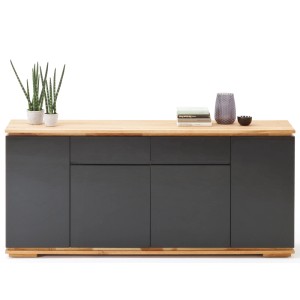 Modernes Sideboard Cindro 4 in Schwarz Hochglanz mit Asteiche-Deckplatte, 182x81x40 cm.