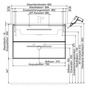Skizze Waschtischunterschrank Steinkamp Living 2.0 mit Villeroy&Boch Waschtisch Venticello, Maße und Details.