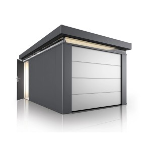 Biohort Deckensektionaltor in Silber-Metallic für Gartenhäuser, einbruchsicher und isoliert.
