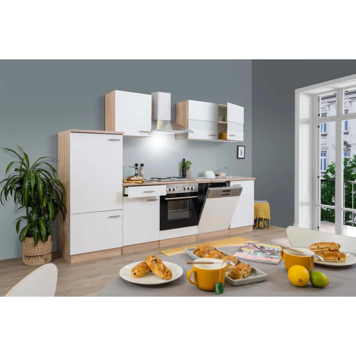 Respekta Küchenzeile LBKB280ESW 280 cm ohne Geräte Weiß-Eiche Sonoma Sägerau