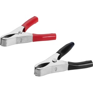 Zwei Krokodilklemmen (73mm) in Rot und Schwarz zum Verbinden von elektrischen Leitungen.