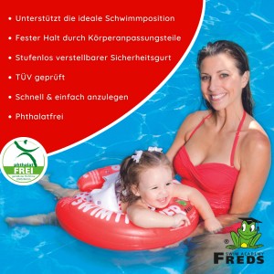 Kind mit Freds Swim Academy Schwimmreifen Classic Rot im Wasser, sichere Schwimmhilfe für Babys und Kleinkinder.