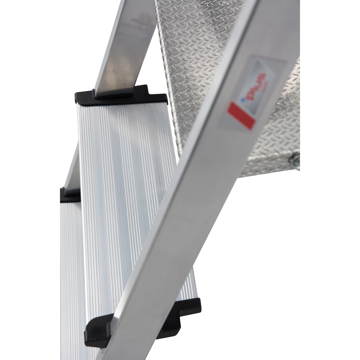 Detailansicht der Krause Stehleiter Safety Plusline mit Alu-Sicherheitsplattform und Stufen.