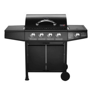 Schwarzer Taino Basic 4+1 Gasgrill mit 4 Edelstahl-Brennern, Seitenkocher, Seitenablagen und Rollen für Garten & Terrasse.