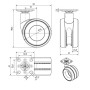 Technische Zeichnung: SOTECH Möbelrolle DÜSSELDORF Ø75mm, Chrom/Schwarz, mit Maßen und Details.