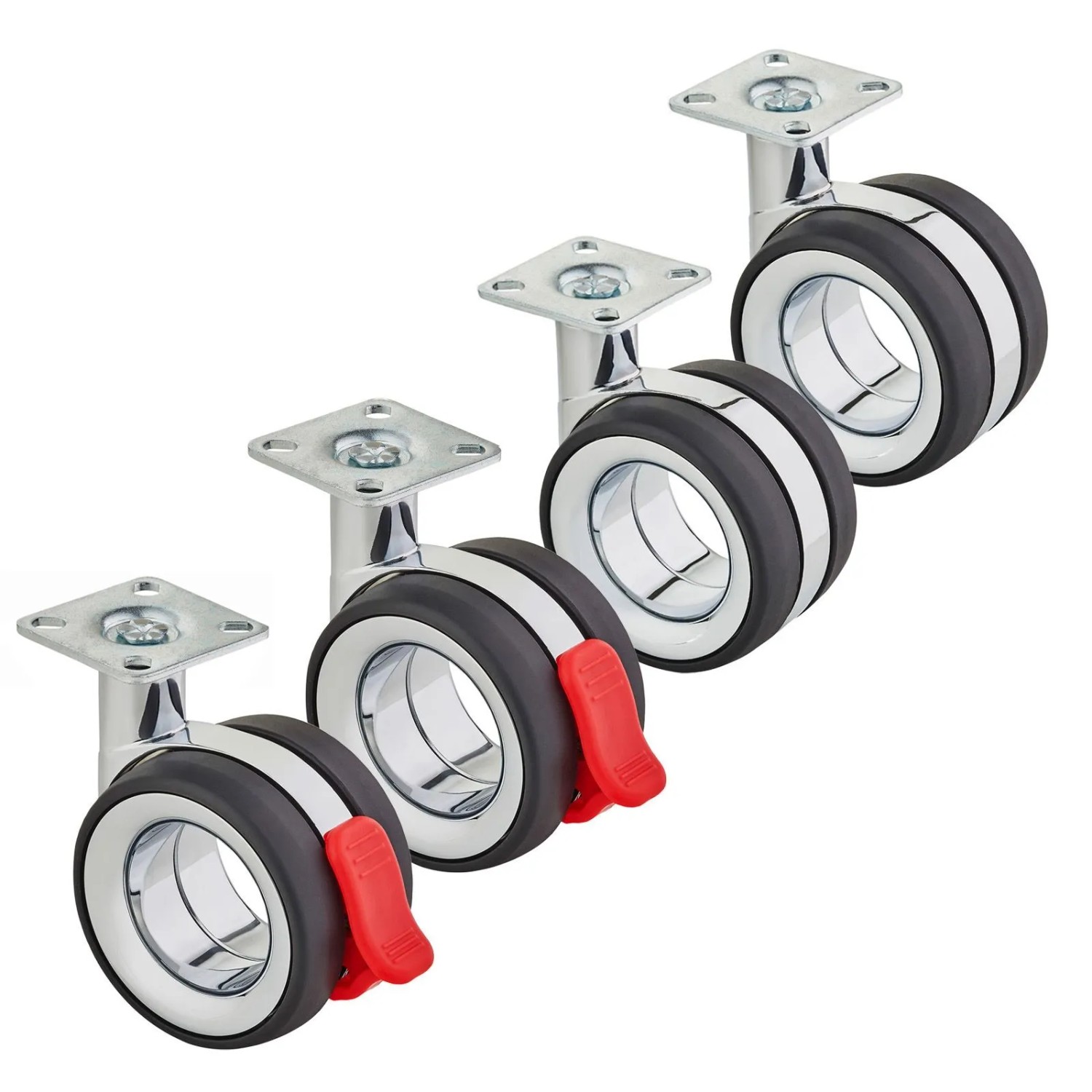 SOTECH 4er SET Premium Möbelrolle DÜSSELDORF Ø75 mm Höhe 98,5 mm Chrom Schwarz 2x Lenkrollen und 2x Lenkrollen mit Brems...