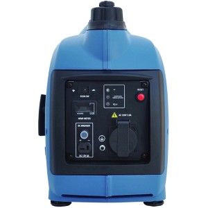 Blauer Hyundai Inverter-Generator HY1000Si D 1000 W mit Bedienelementen und Steckdosen.