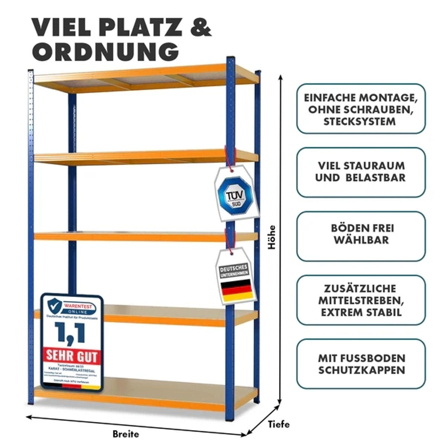 KARAT Schwerlastregal, blau-orange, mit 5 Böden und hoher Traglast bis 875 kg.