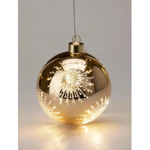 Goldene Weihnachtskugel aus Glas, 12 cm, mit leuchtendem Sternmuster und warmweißen LEDs. Batteriebetrieben.