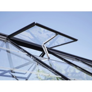 Detailaufnahme: Offenes Dachfenster des Vitavia Gewächshaus Apollo 2500 HKP Smaragd Vorzugsset.