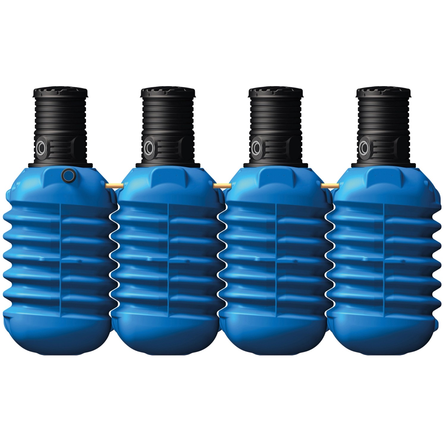 4 blaue 4rain Erdtanks Modularis 10.000 l mit schwarzer Schachtverlängerung und Verbindungselementen.