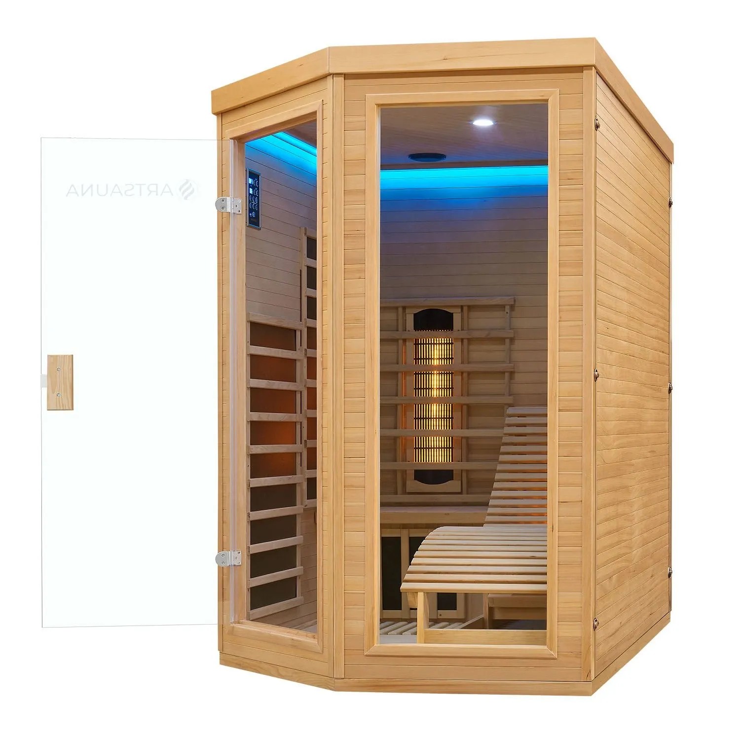 Artsauna Infrarotkabine Esbjerg aus Hemlockholz mit Liege und LED-Farblicht.