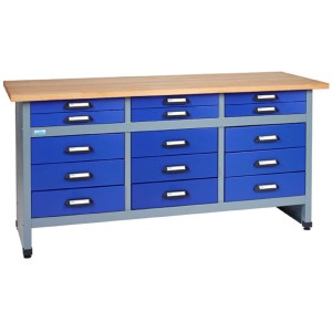 Küpper Werkbank mit 15 Schubladen, 170 cm breit, blau/grau, für Werkstatt & Hobby.