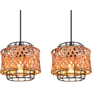 Globo Hängeleuchte Gina, 3-flammig, schwarz/Bambus, Ø 17cm. Pendelleuchte für Wohnräume.