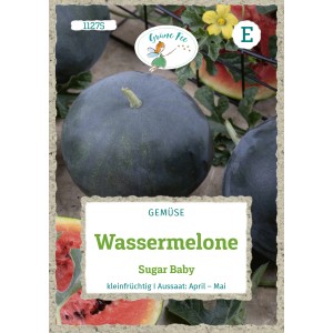 Saatgutpackung Grüne Fee Wassermelone Sugar Baby mit dunkelgrüner Melone.