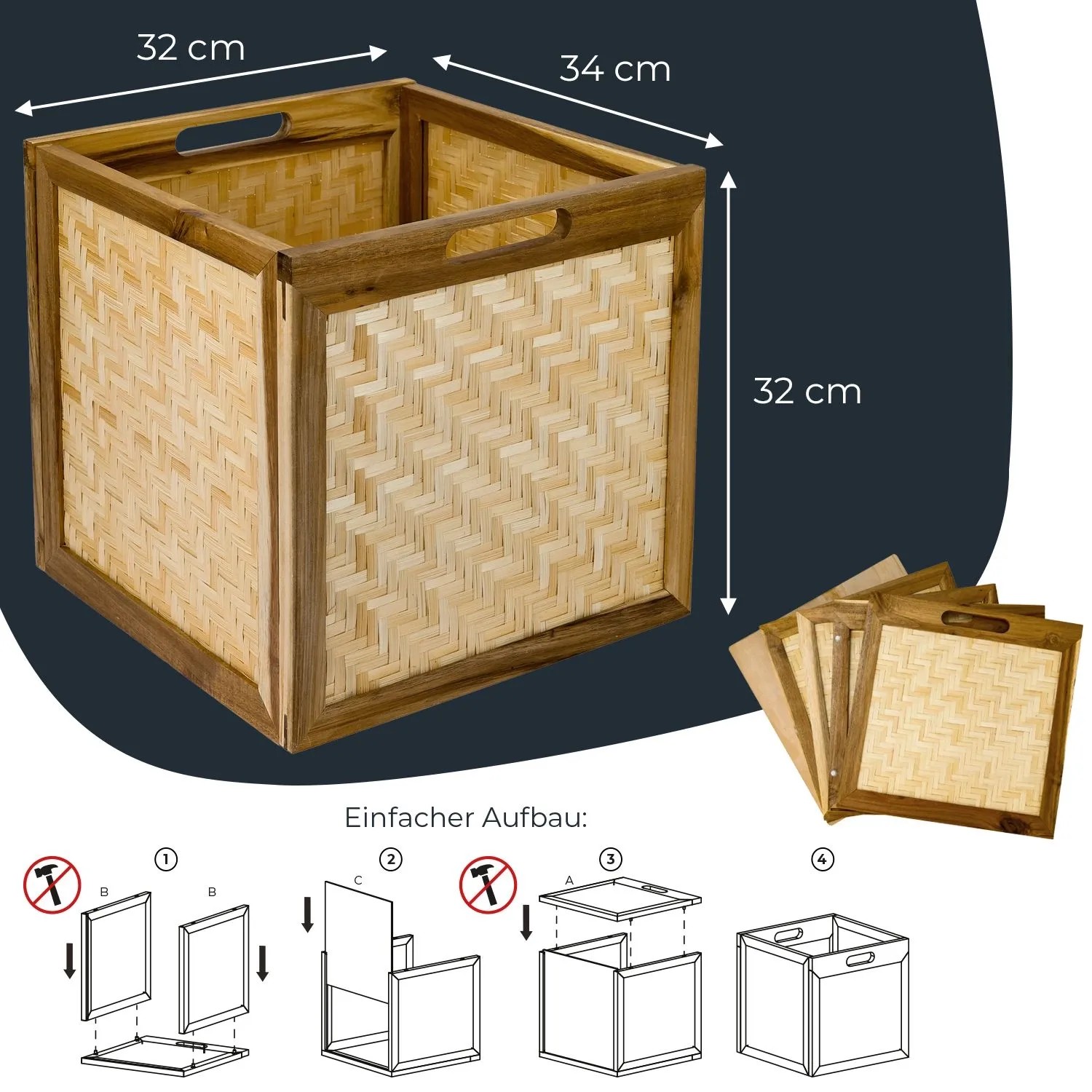 HMF 37640-M1 Aufbewahrungskorb Kallax Regale Korb Rattan Wiener Geflecht und Akazienholz Muster 1 32 x 34 x 32 cm_3