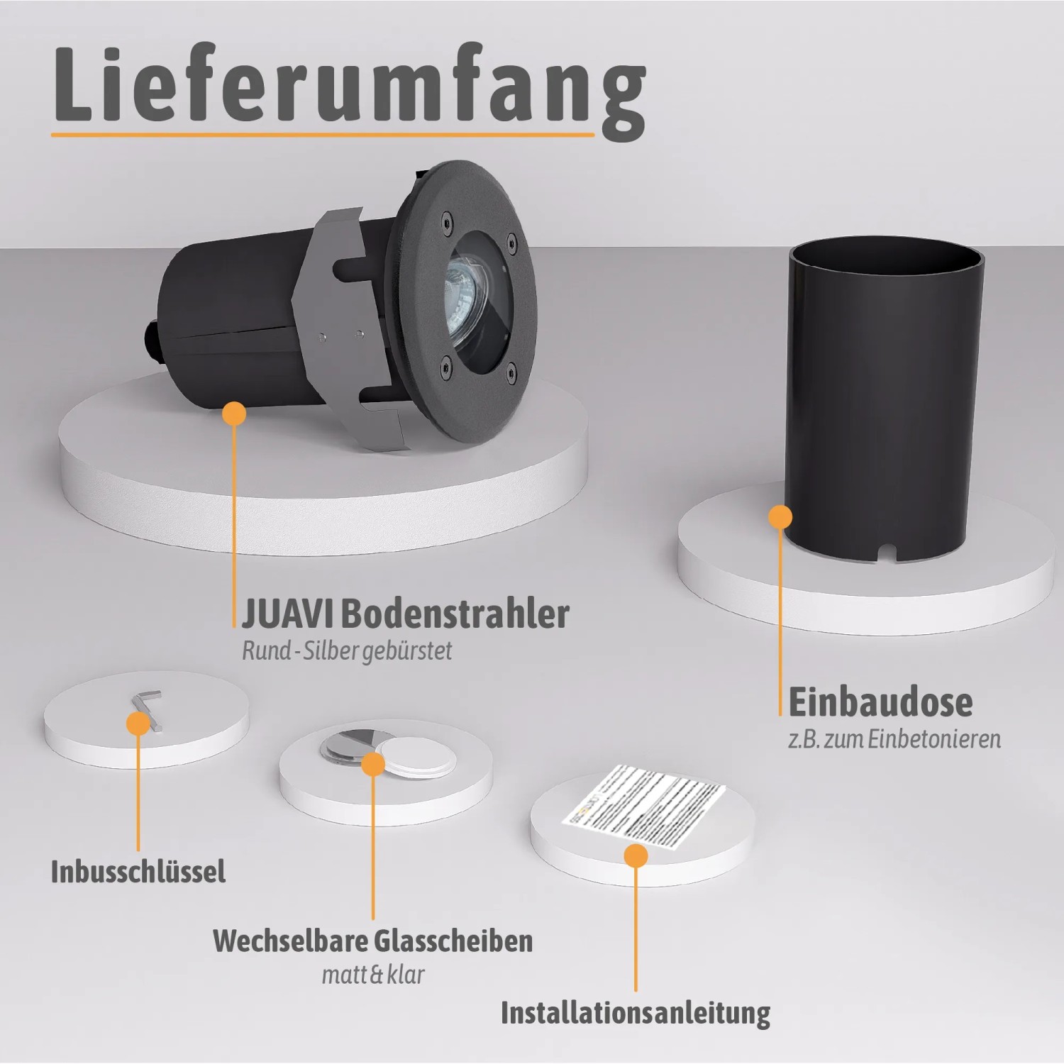 SSC-LUXon Juavi Bodeneinbaustrahler Set, 4-teilig, schwarz, mit Einbaudose, Inbusschlüssel und Anleitung.