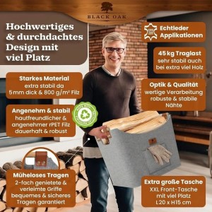 BLACK OAK Holzkorb MONTANA XL 60L Hellgrau – Filzkorb für Kaminholz & Brennholz mit Robusten Holzgriffen mit Echtleder-Applikation und Fronttasche