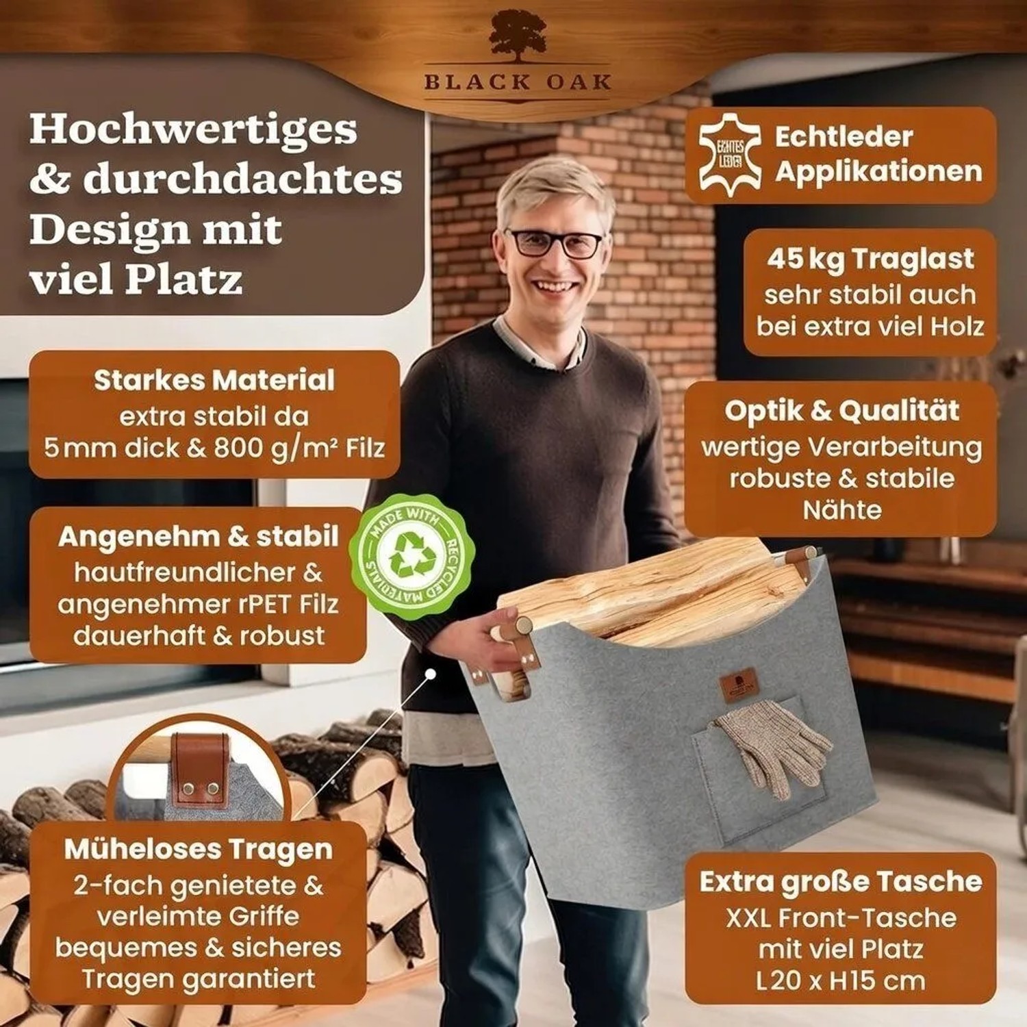 BLACK OAK Holzkorb MONTANA XL 60L Hellgrau – Filzkorb für Kaminholz & Brennholz mit Robusten Holzgriffen mit Echtleder-Applikation und Fronttasche_3