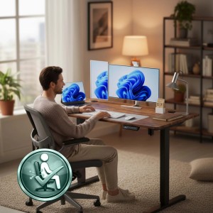 Höhenverstellbarer Schreibtisch mit Holzplatte, schwarzem Stahlgestell, LED-Display. Mann arbeitet ergonomisch.