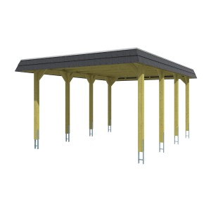 Skan Holz Walmdach-Carport Spreewald, Einzelcarport mit Aluminiumplatten und Holzkonstruktion.