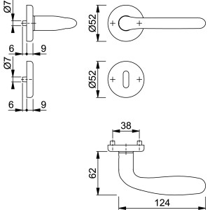 Technische Zeichnung: Hoppe Rosetten Garnitur Cardiff Edelstahl Matt, Maße und Details für Türbeschläge.