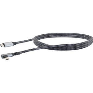 USB-C auf USB-C Kabel, 1,2m, grau-schwarz geflochten, mit vertikalem Winkelstecker für Handy-Zubehör.