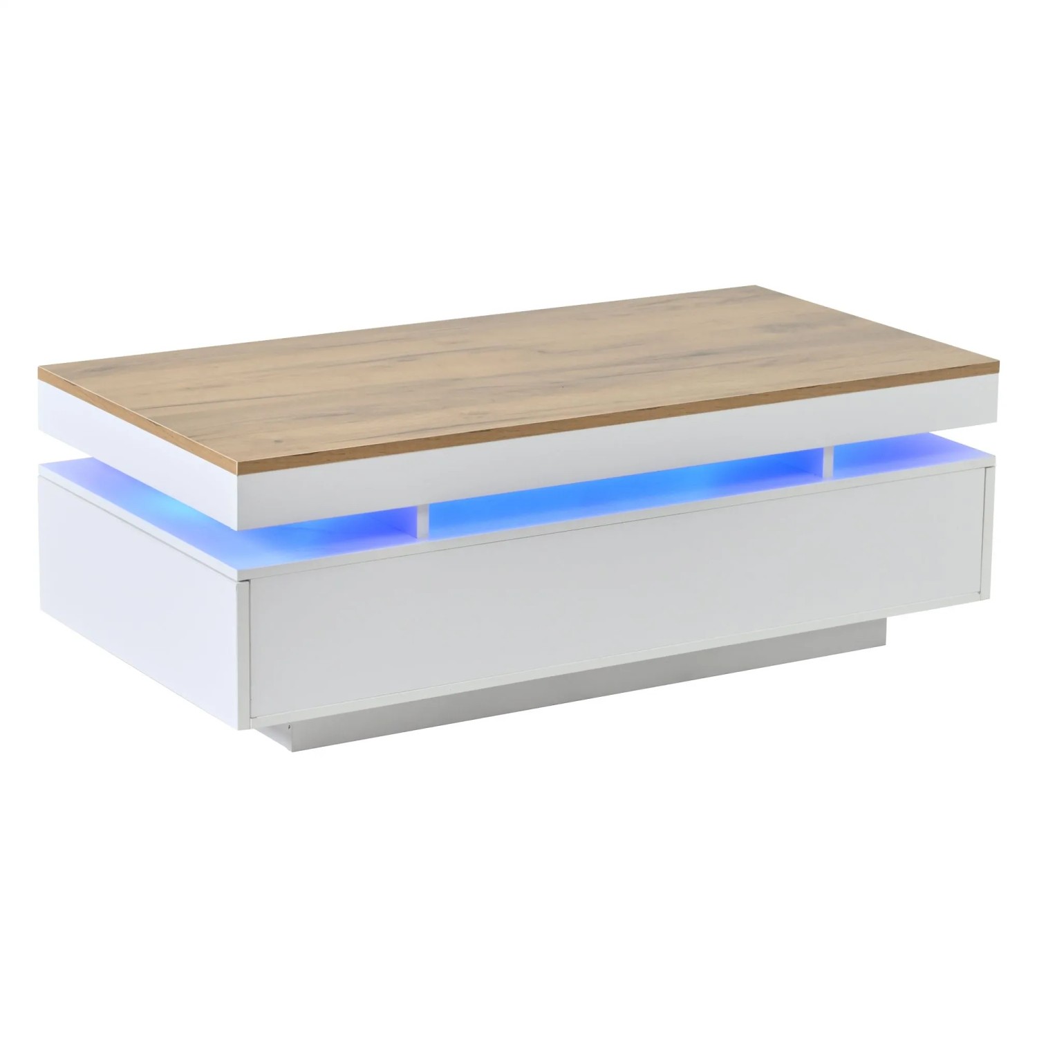okwish Couchtisch mit LED Schubladen 100x50x35cm Hochglanz Weiß Natur