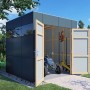 Modernes, anthrazit-graues Bertilo Gartenhaus HPL 1 mit geöffneten Türen und Geräten im Inneren.