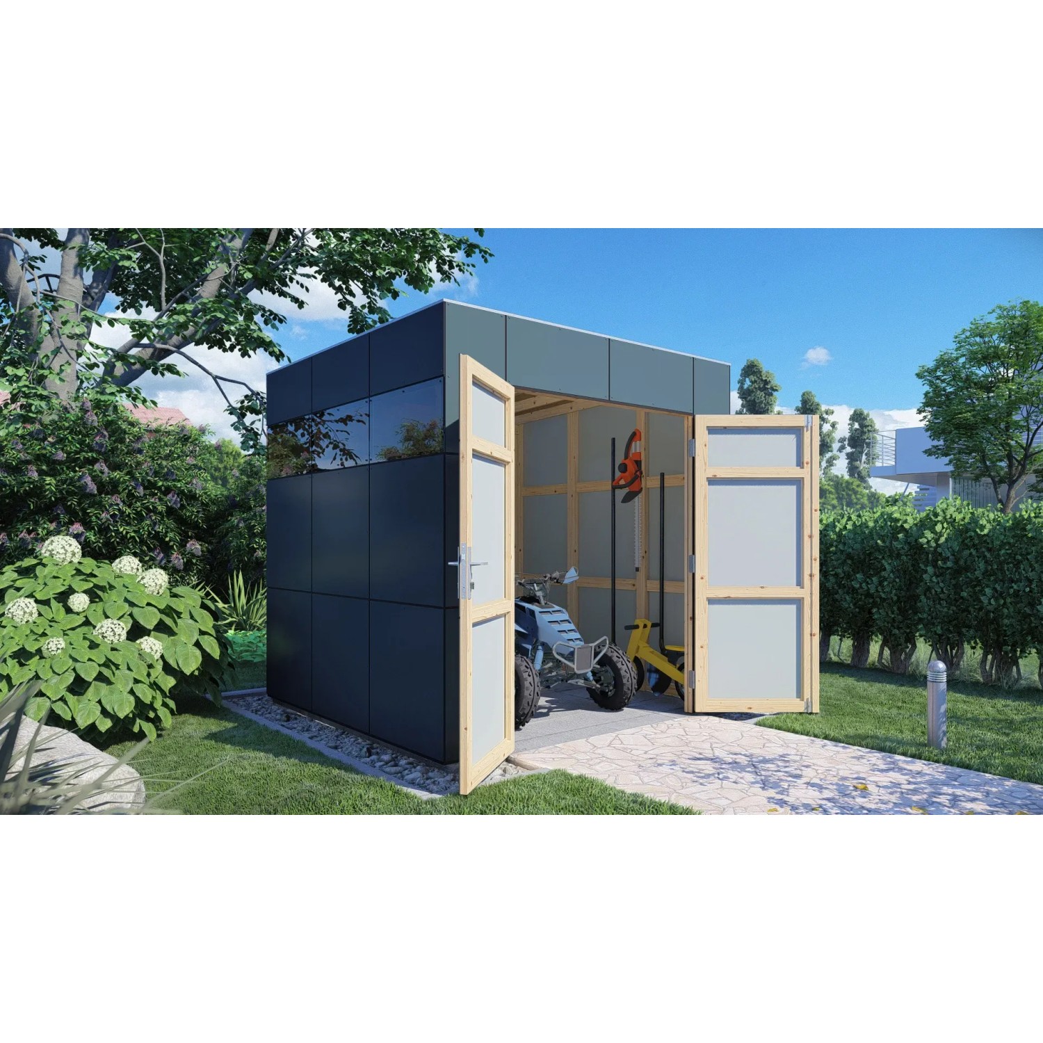 Modernes, anthrazit-graues Bertilo Gartenhaus HPL 1 mit geöffneten Türen und Geräten im Inneren.
