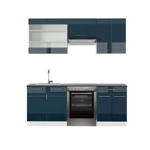 Vicco Fame-Line Küchenschränke in Dunkelblau Hochglanz/Weiß mit anthrazitfarbener Arbeitsplatte.