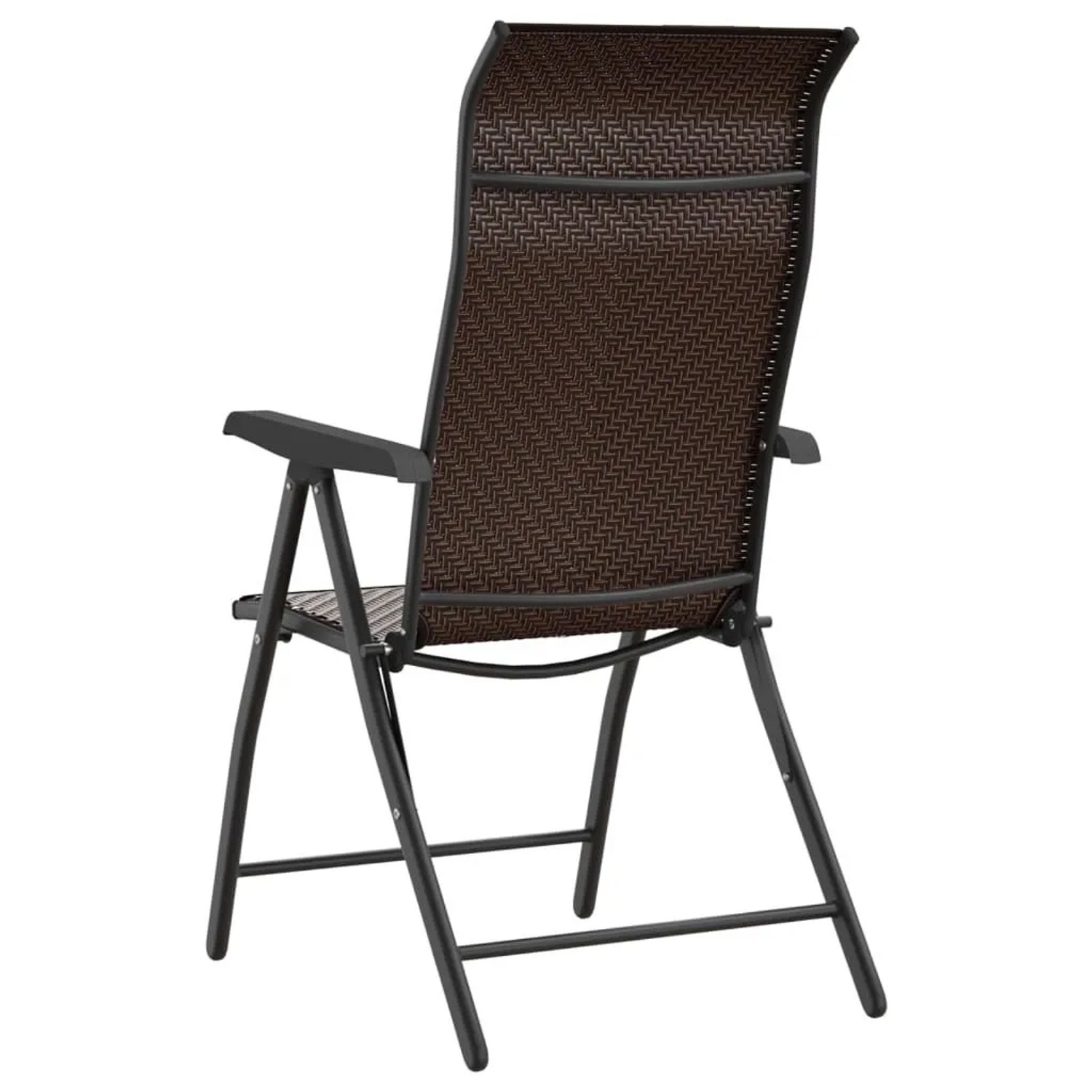 Brauner klappbarer Gartenstuhl aus Poly Rattan mit hoher Rückenlehne und schwarzem Stahlgestell.