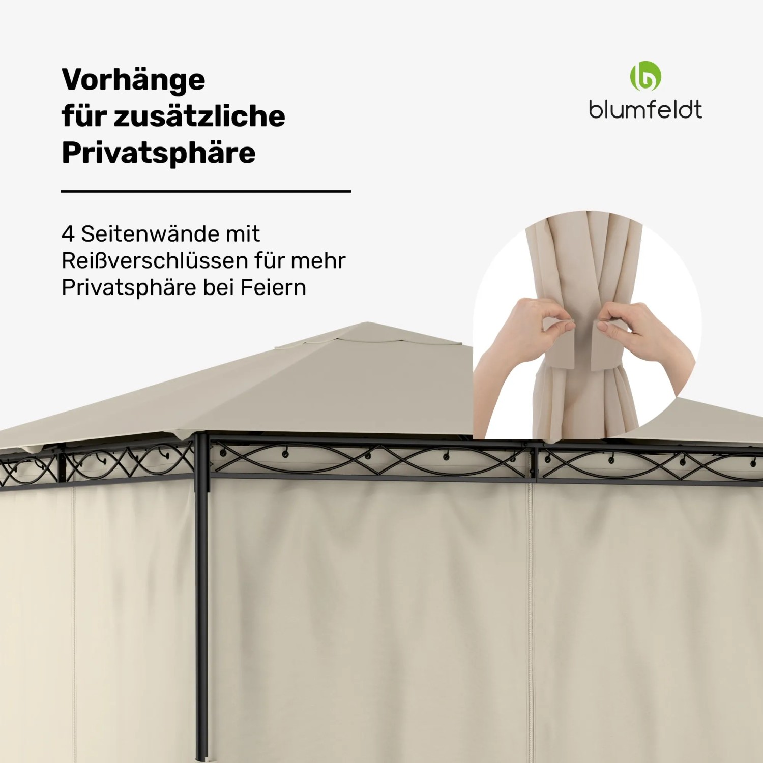 Blumfeldt Mondo Gartenpavillon, beige, mit Seitenwänden für Wind- und Sichtschutz.