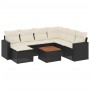 Schwarze 8-tlg. vidaXL Garten-Sofagarnitur aus Rattan mit cremefarbenen Kissen und Tisch.