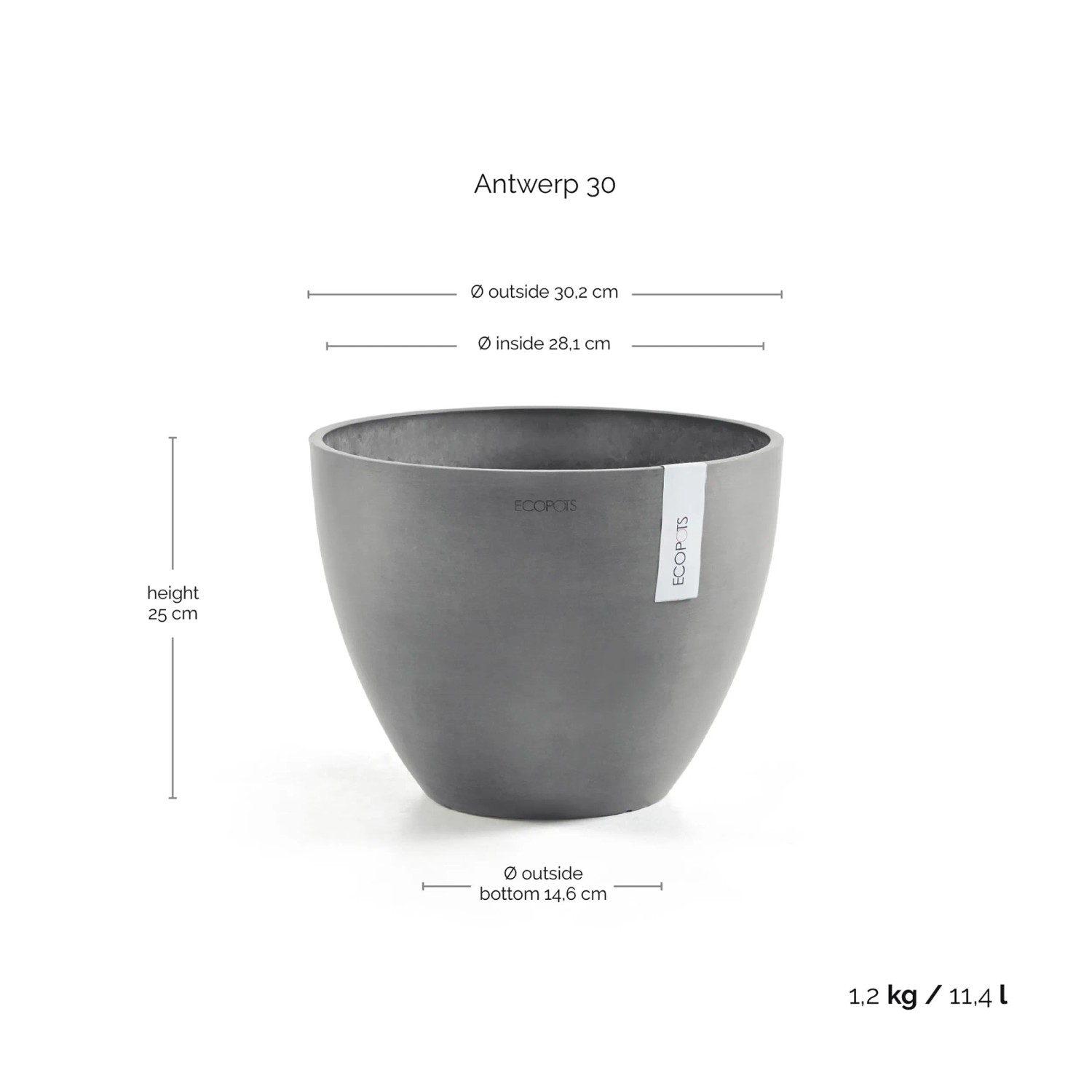 Ecopots Pflanztopf Antwerp Grau, 30 cm. Skandinavisches Design für Innen- und Außenbereich.