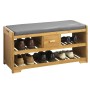 Modernes Bambus Schuhregal mit 2 Ablagen, Schublade und grauem Sitzkissen. Ideal für Flur und Garderobe.