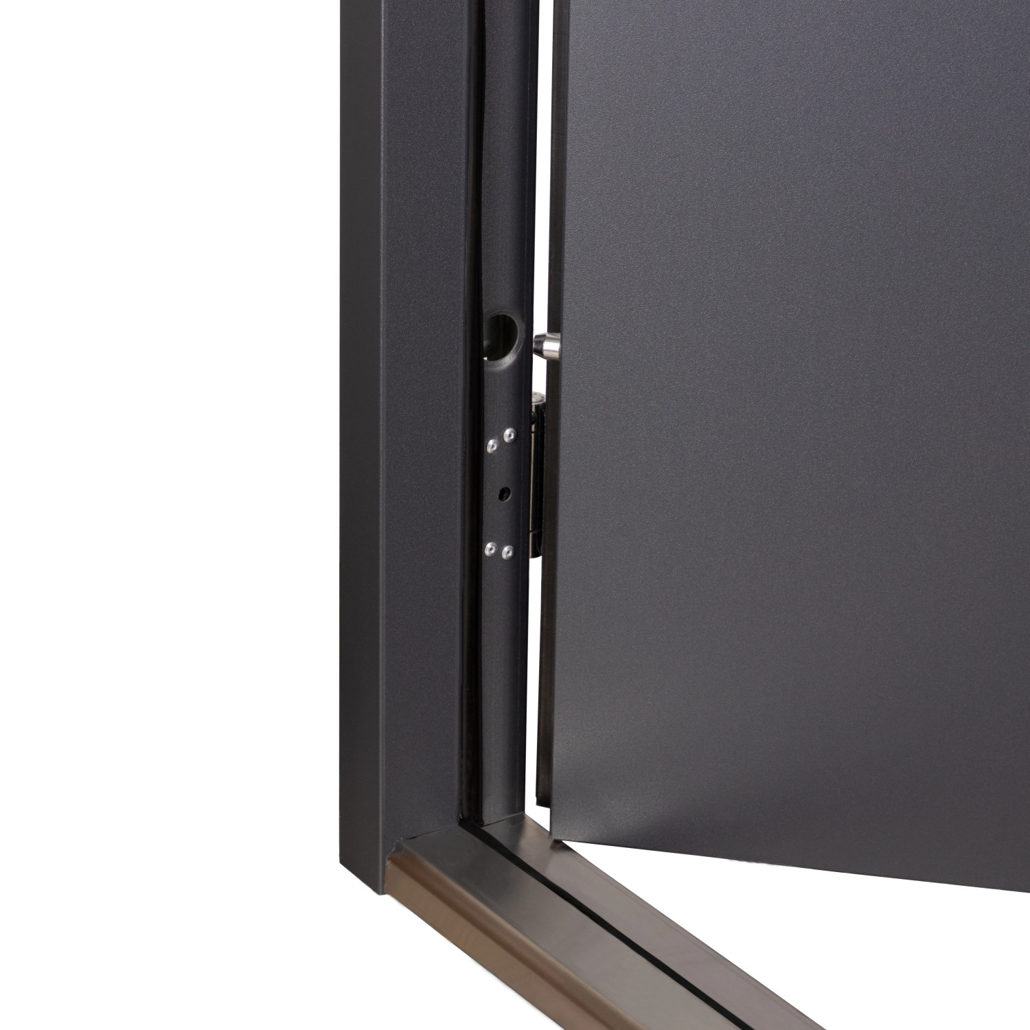 Detailansicht der Pordo Stahl-Nebeneingangstür G1 in Anthrazit, Anschlag links.