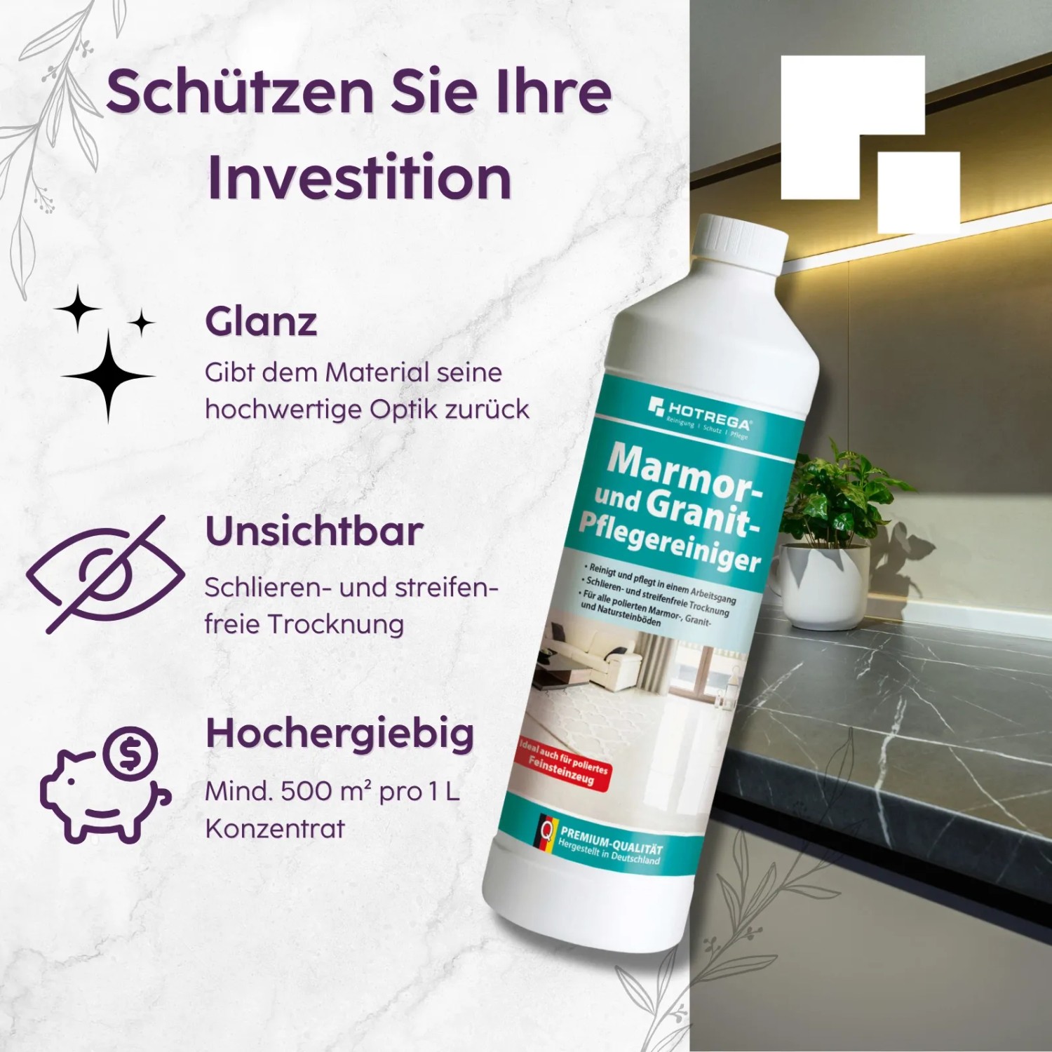 Hotrega Marmor & Granit Pflegereiniger Konzentrat 1 L Flasche. Für glänzende, streifenfreie Steinoberflächen wie Marmor und Granit.