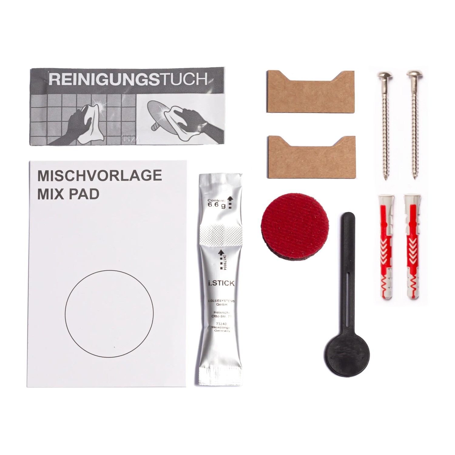 Montage-Set für Keuco Rose Handtuchhalter: Kleber, Schrauben, Dübel, Reinigungstuch, Mischvorlage.