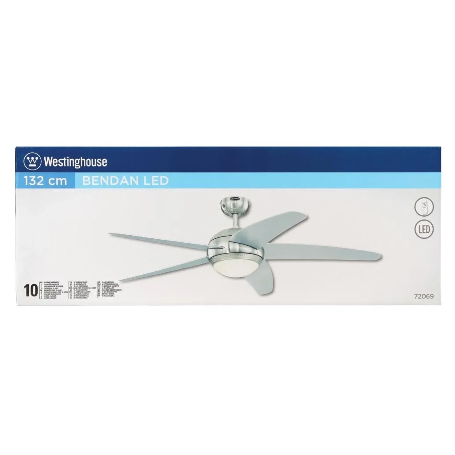 Verpackung des Westinghouse Deckenventilators Bendan in Silber mit LED-Beleuchtung.